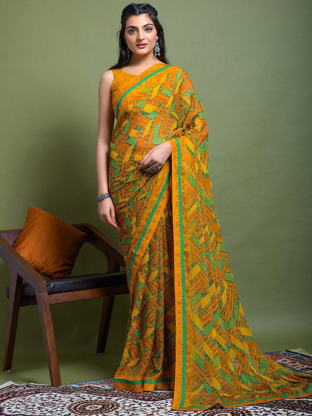 mitera mustard yellow geometric printed saree