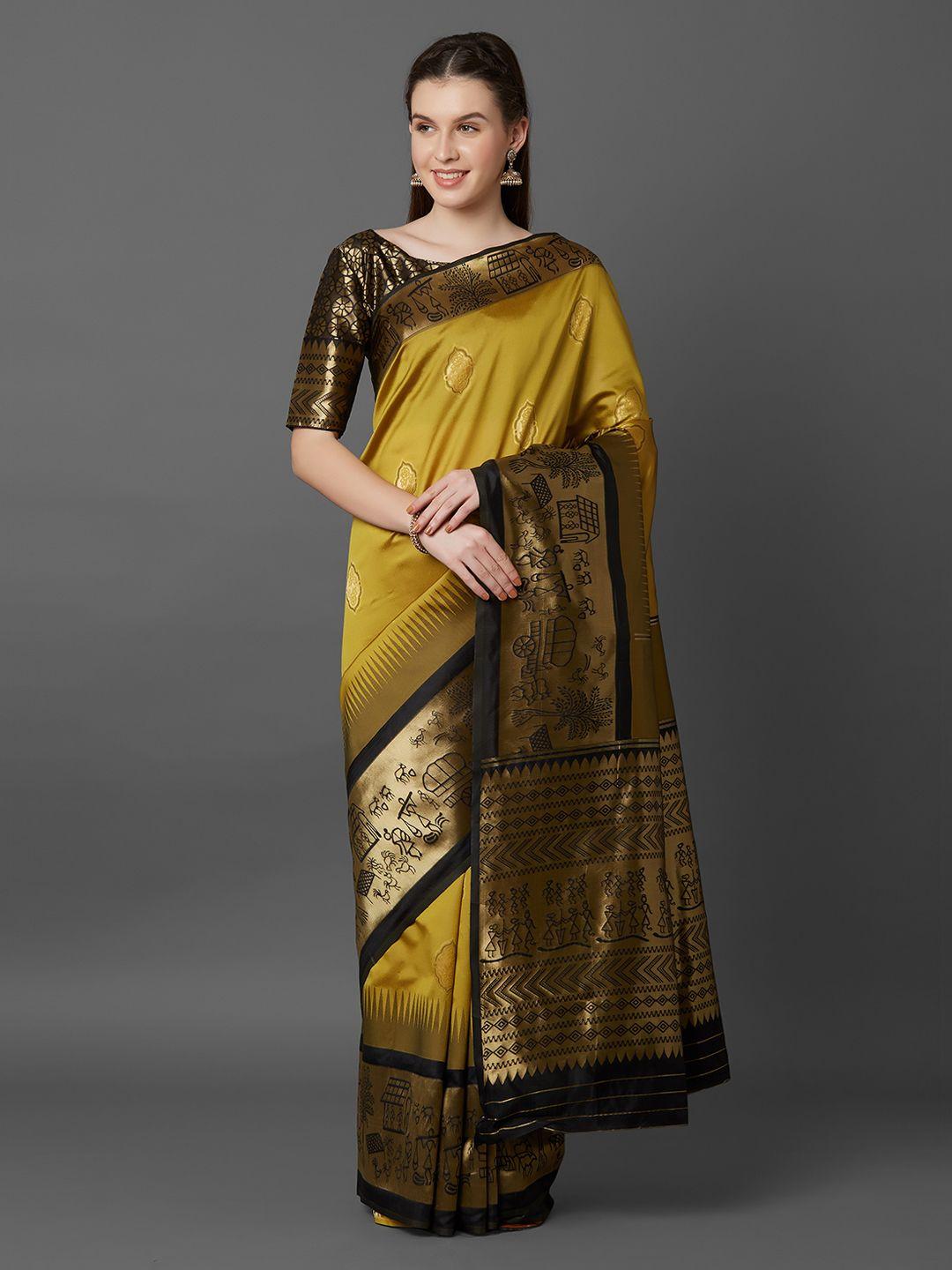 mitera mustard yellow silk blend solid banarasi saree