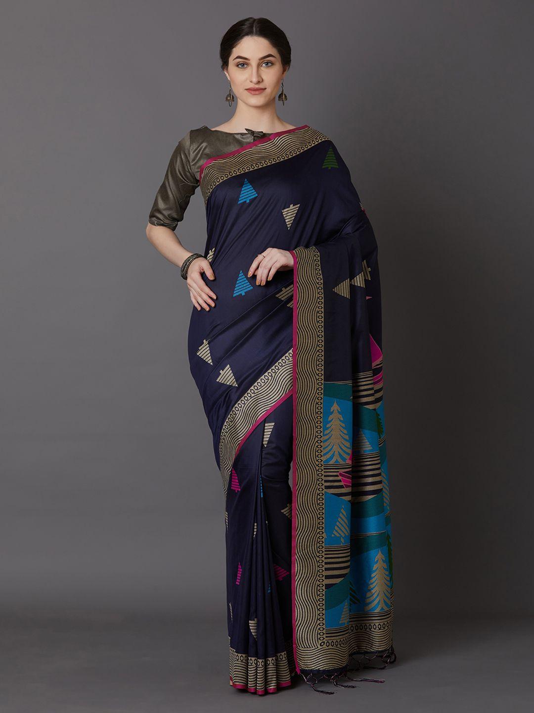 mitera navy blue & beige silk blend printed saree