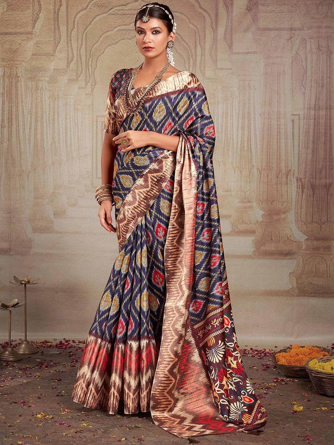 mitera navy blue & brown ethnic motifs silk blend designer ikat saree