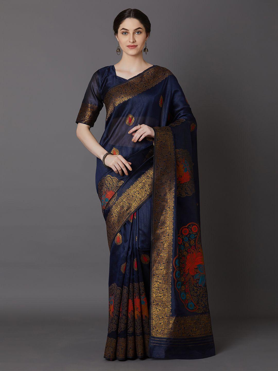 mitera navy blue & gold-coloured silk blend woven design banarasi saree