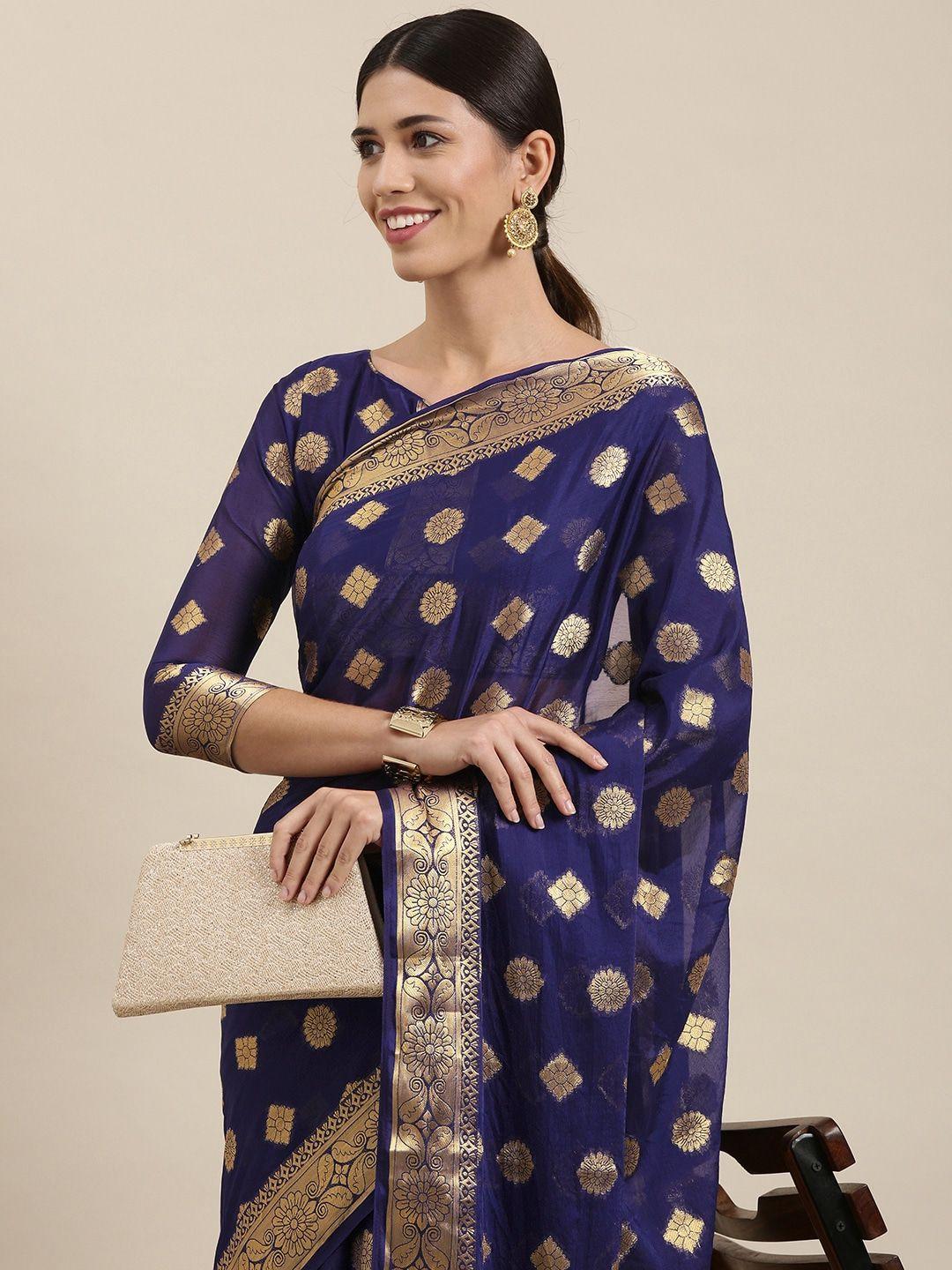 mitera navy blue & gold ethnic motifs zari silk blend saree