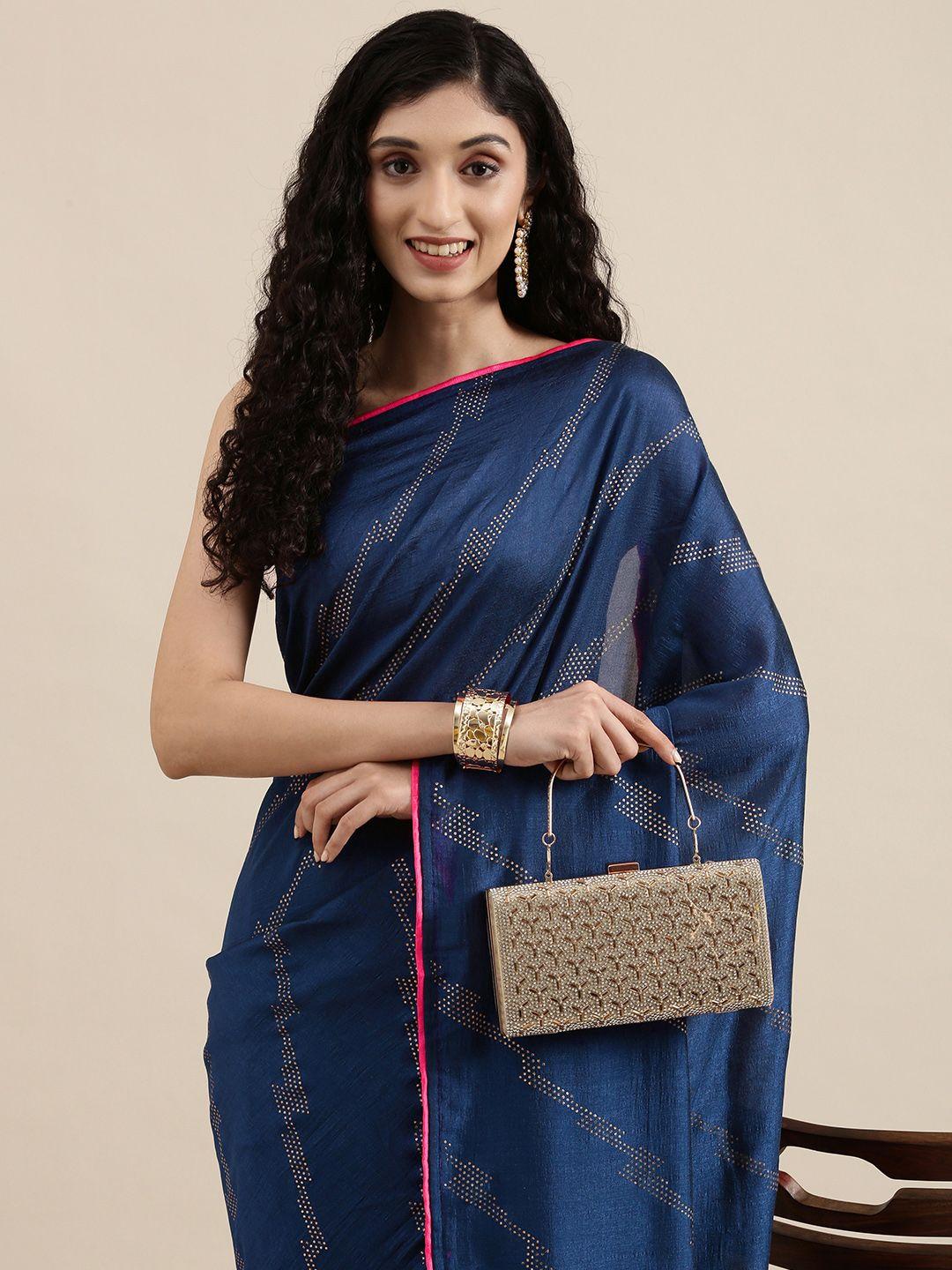 mitera navy blue & gold striped gotta patti zari pure chiffon celebrity saree