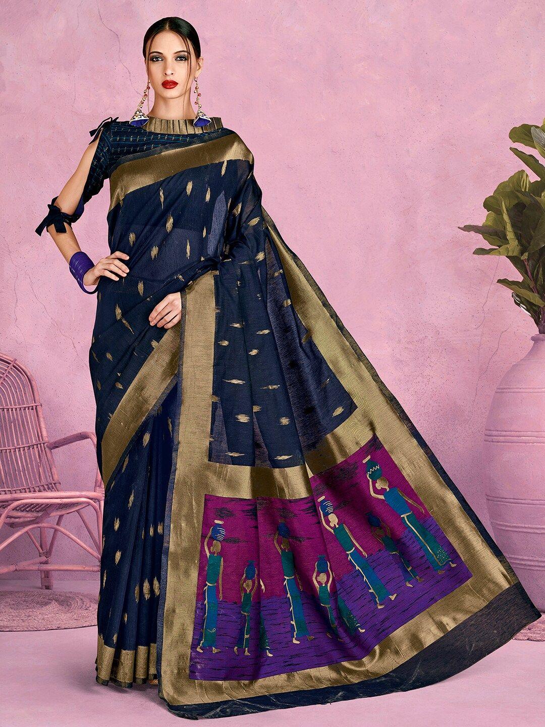 mitera navy blue & gold-toned abstract woven design zari banarasi saree