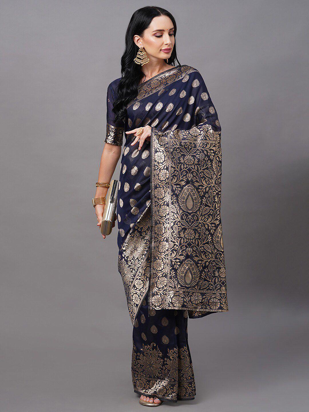 mitera navy blue & gold-toned bagh zari silk cotton banarasi saree