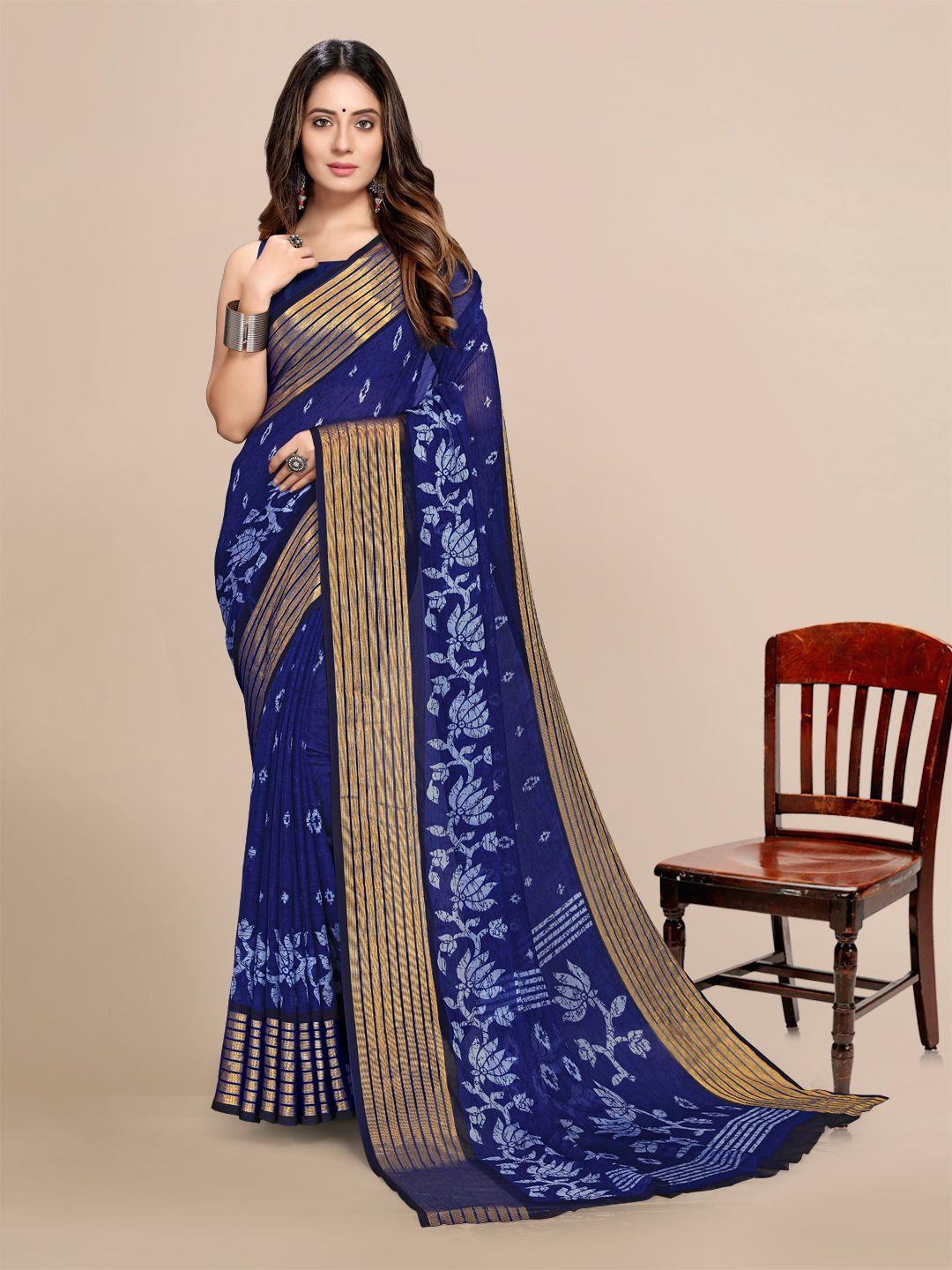 mitera navy blue & gold-toned batik zari pure chiffon banarasi saree