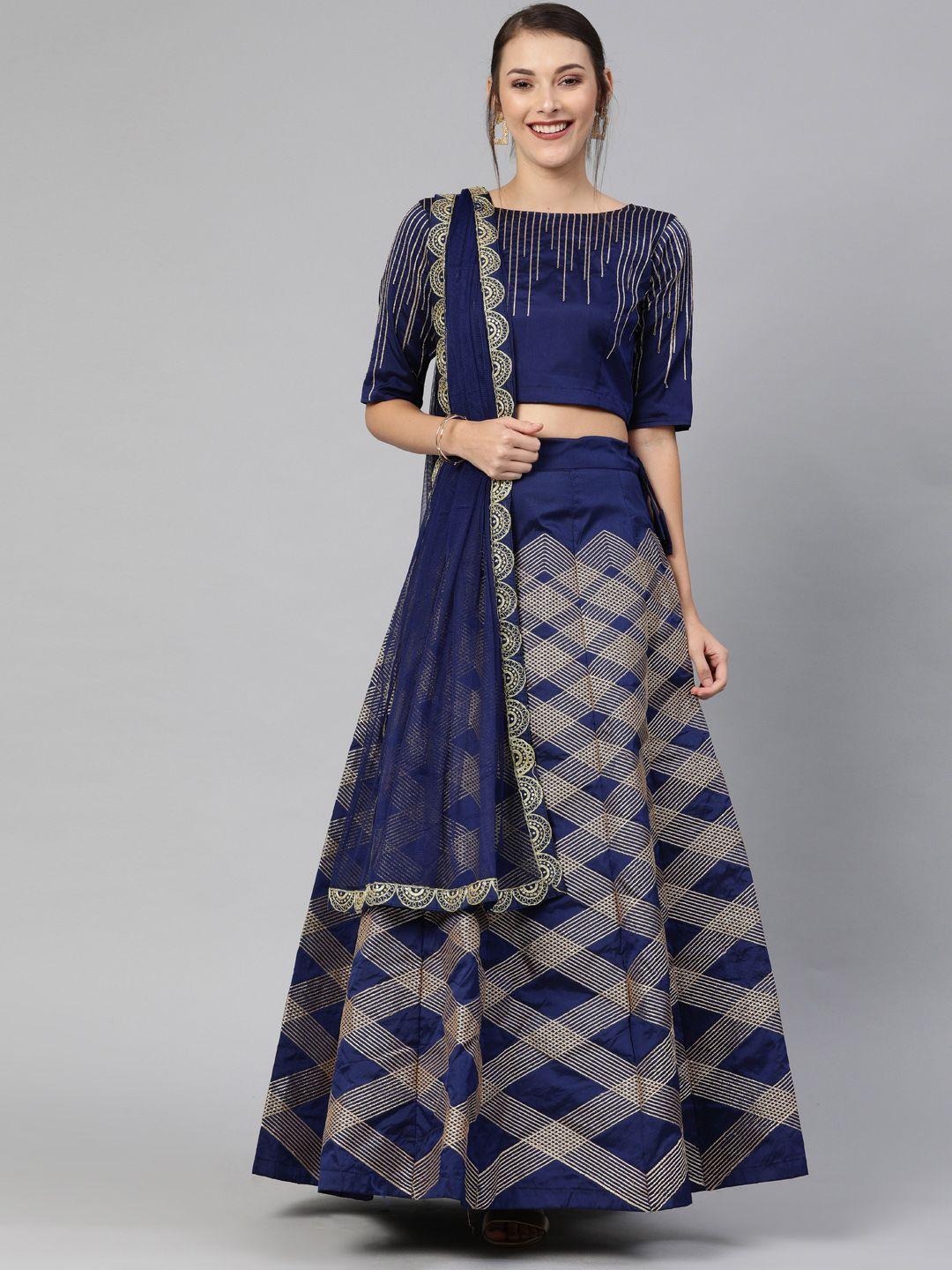 mitera navy blue & gold-toned embroidered semi-stitched lehenga & unstitched blouse with dupatta