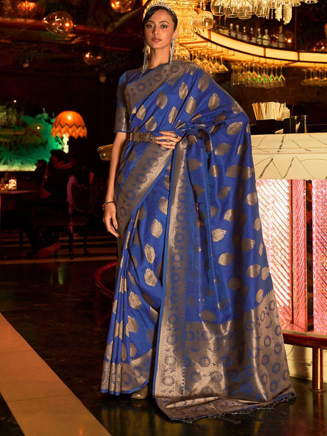 mitera navy blue & gold-toned ethnic motifs silk blend banarasi saree