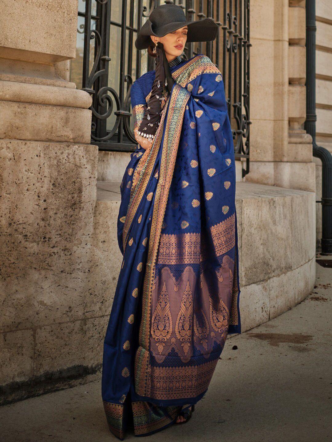 mitera navy blue & gold-toned ethnic motifs zari pure silk banarasi saree