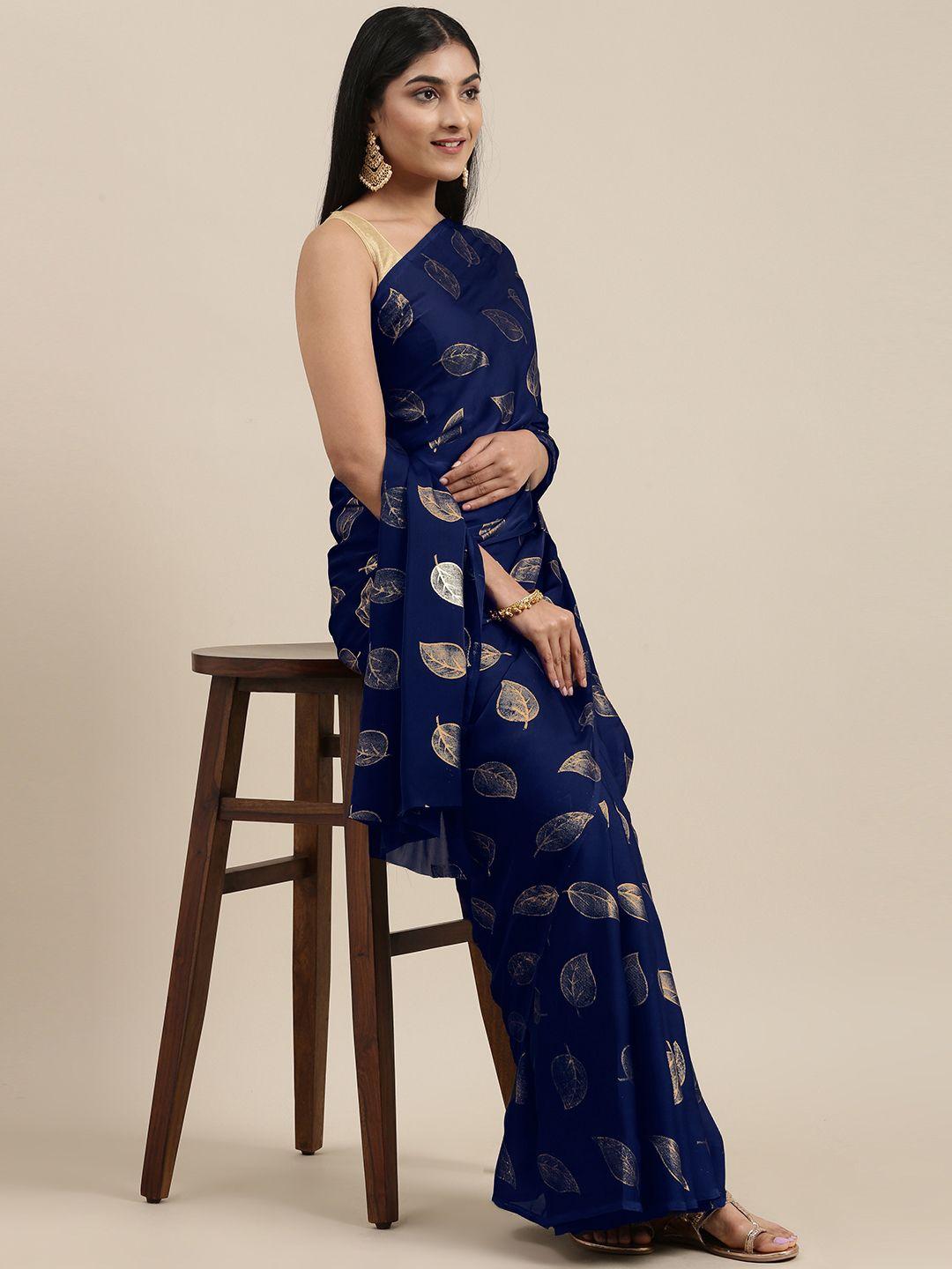 mitera navy blue & gold-toned floral satin saree