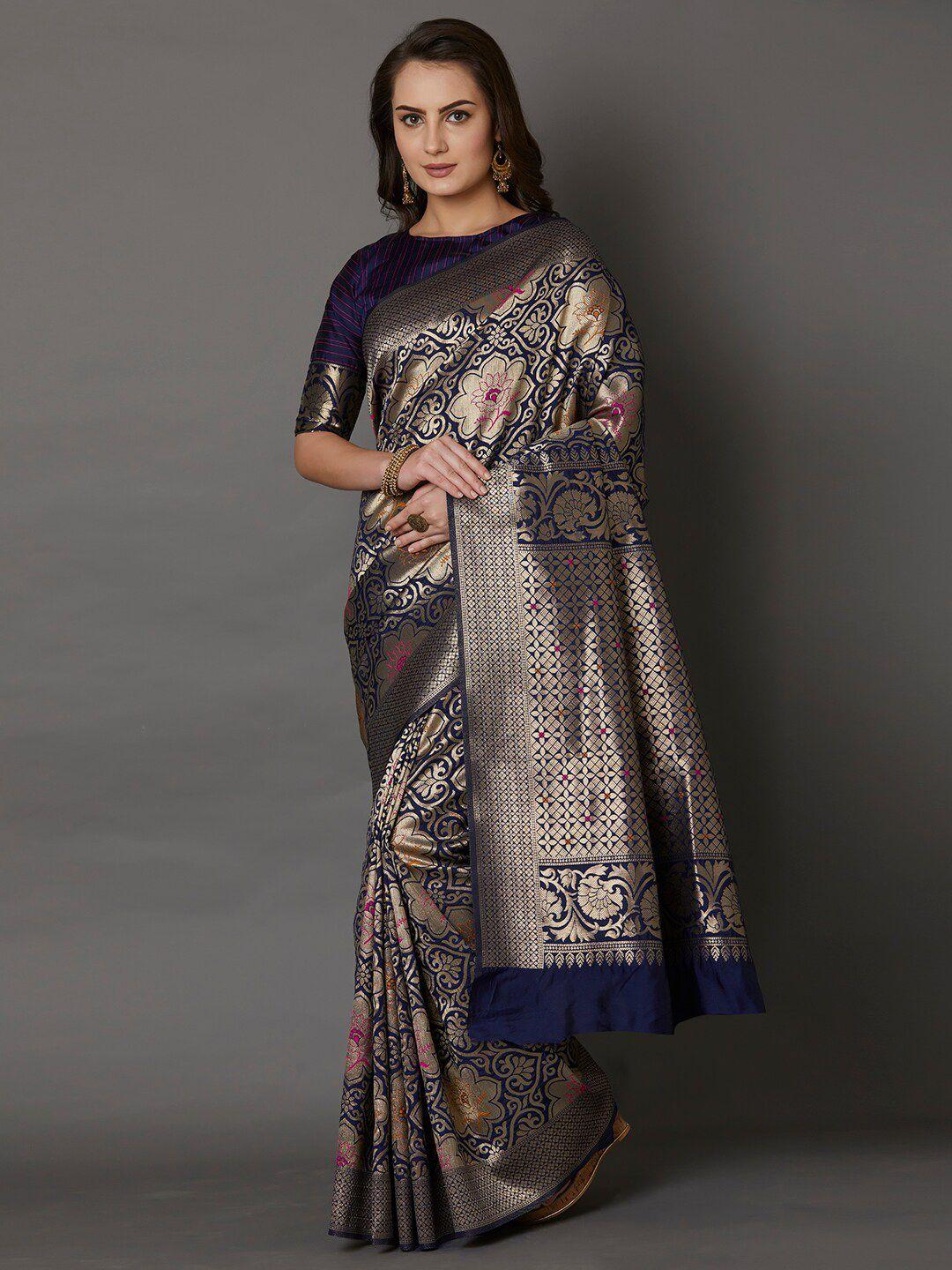 mitera navy blue & gold-toned floral silk blend saree