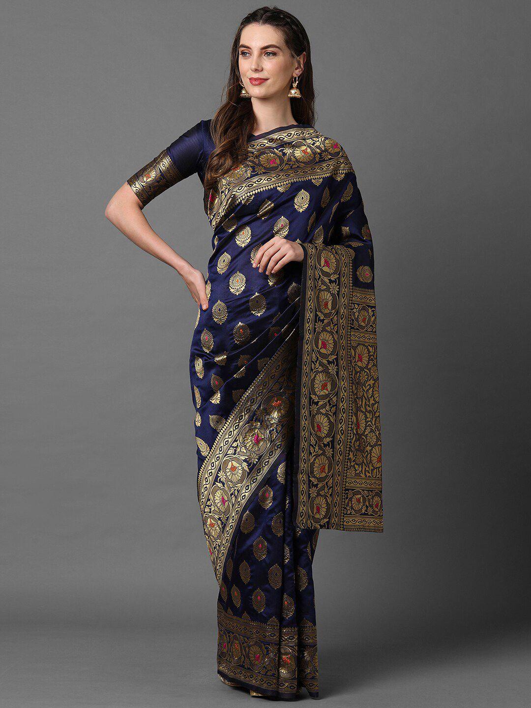 mitera navy blue & gold-toned floral zari silk blend banarasi saree