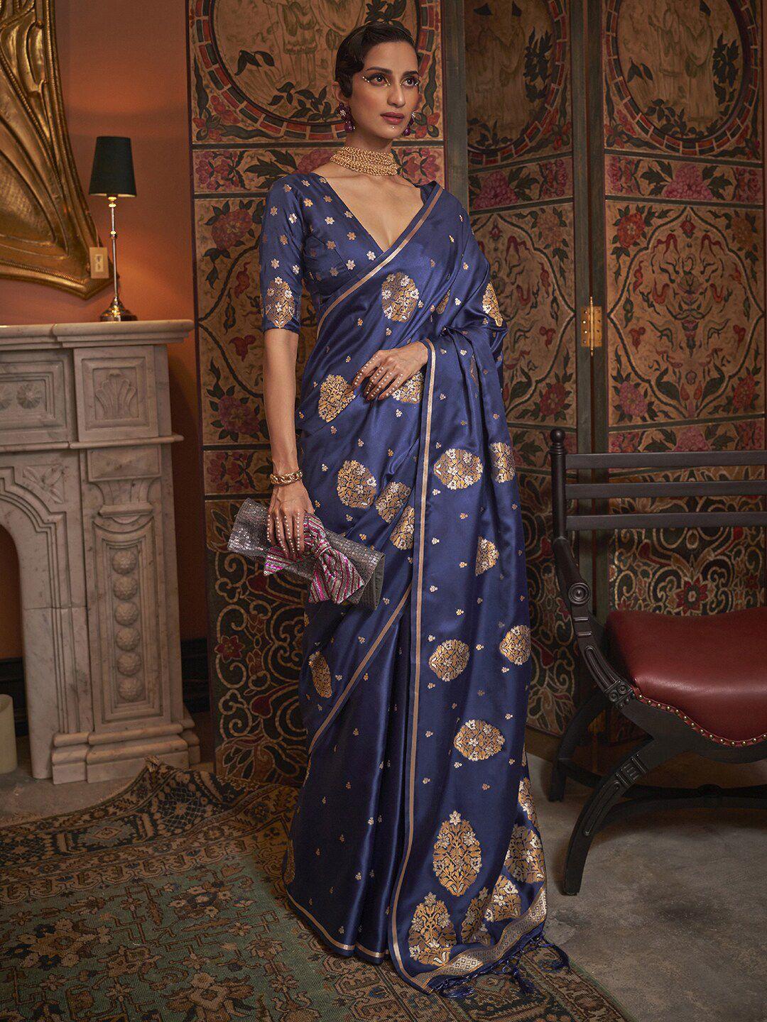 mitera navy blue & gold-toned floral zari silk blend banarasi saree