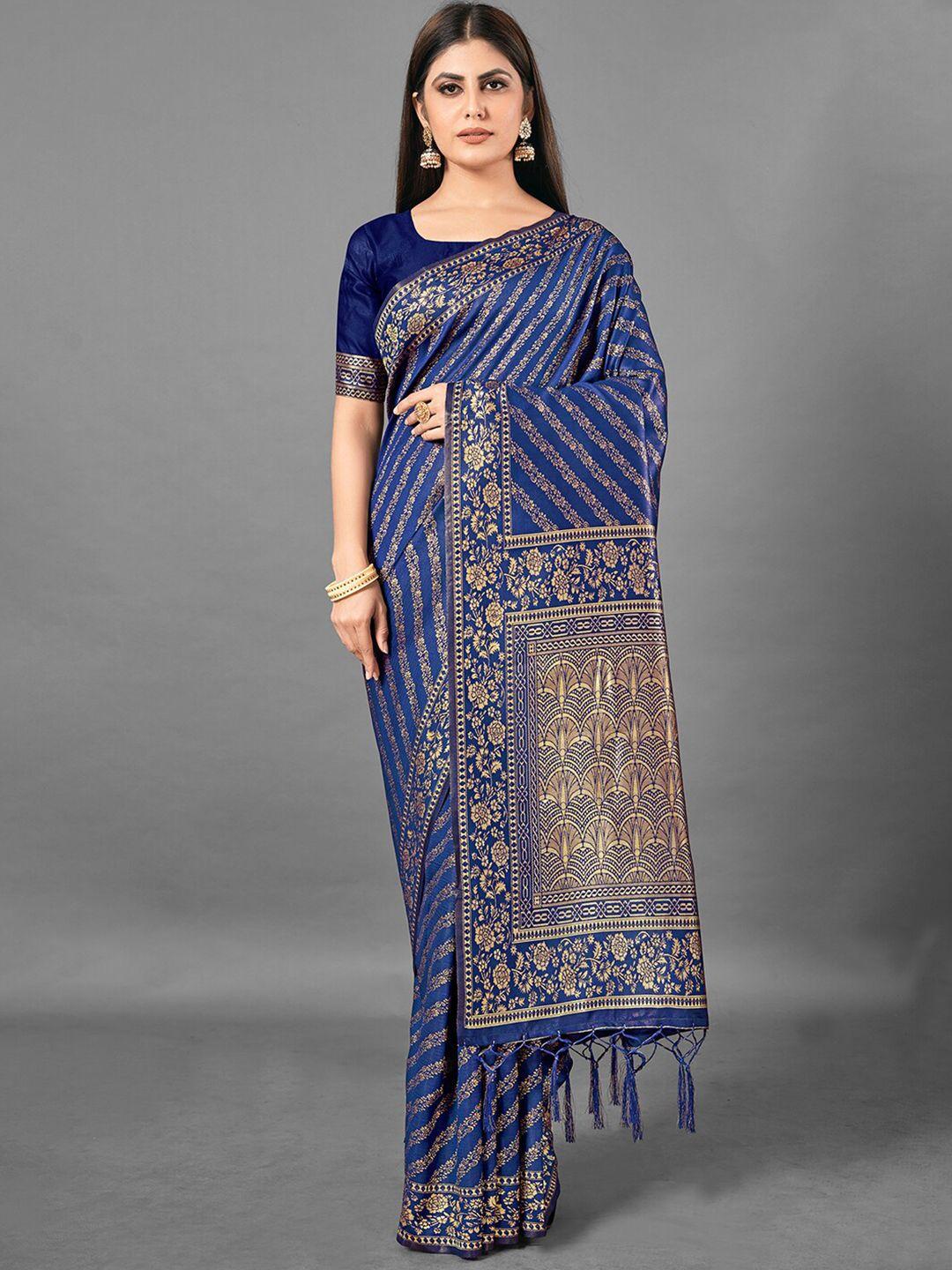 mitera navy blue & gold-toned leheriya zari silk blend banarasi saree