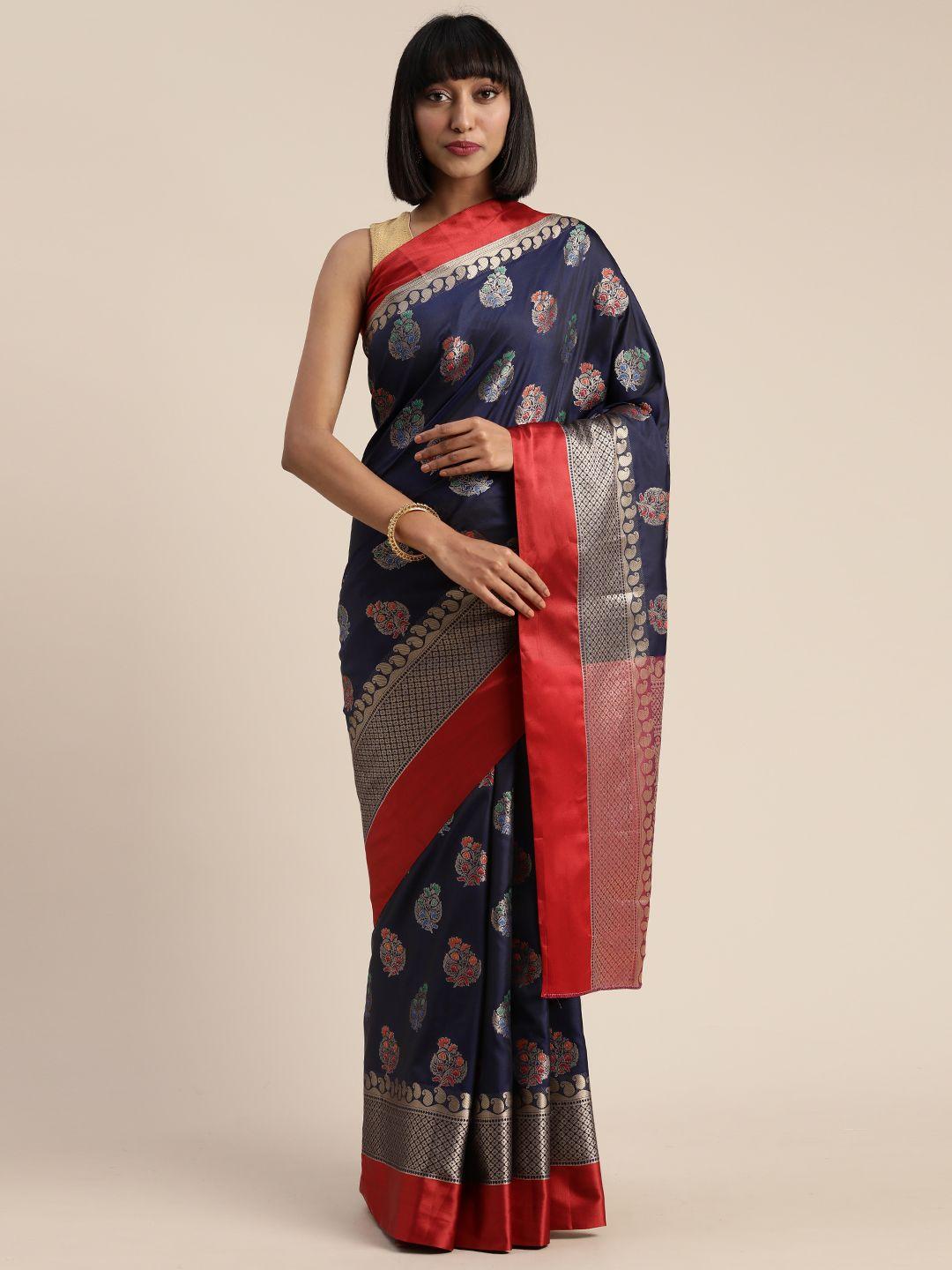 mitera navy blue & gold-toned poly silk woven design banarasi saree