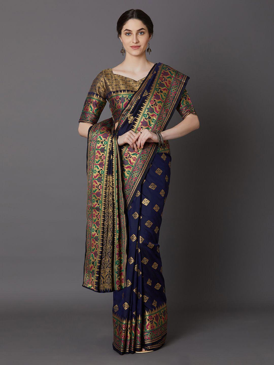 mitera navy blue & gold-toned silk blend woven design banarasi saree