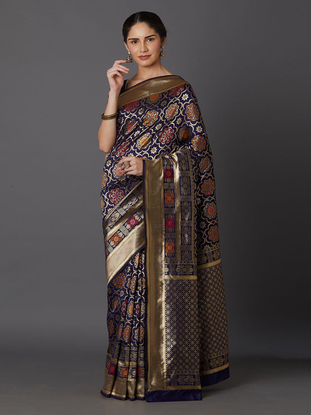mitera navy blue & gold-toned silk blend woven design kanjeevaram saree