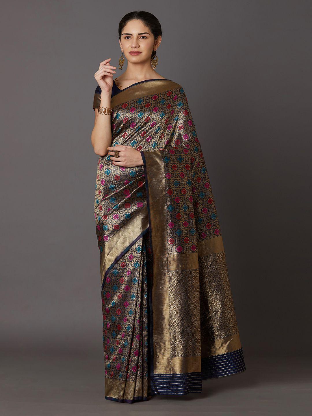 mitera navy blue & gold-toned silk blend woven design kanjeevaram saree