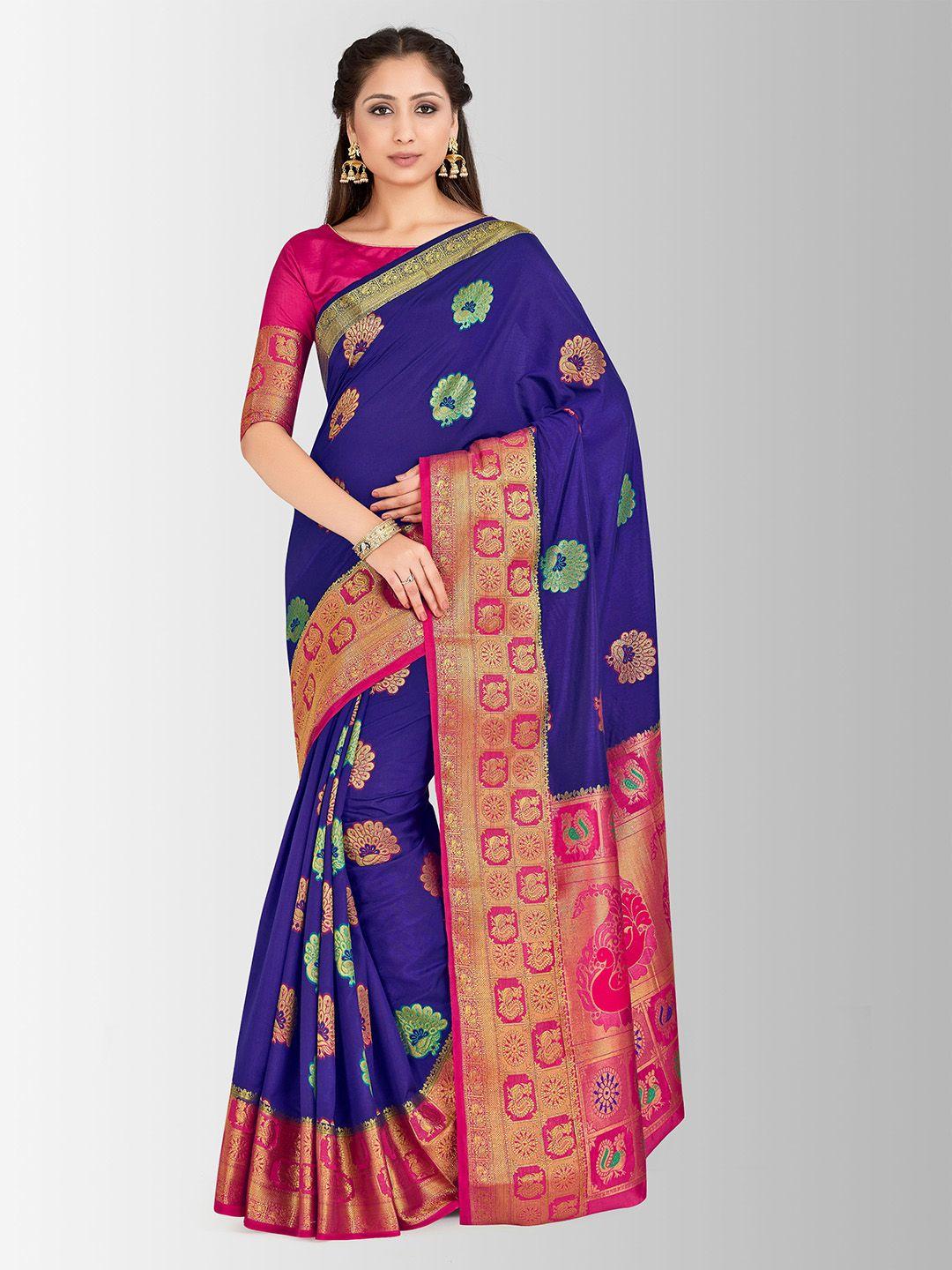 mitera navy blue & gold-toned woven design kanjeevaram saree