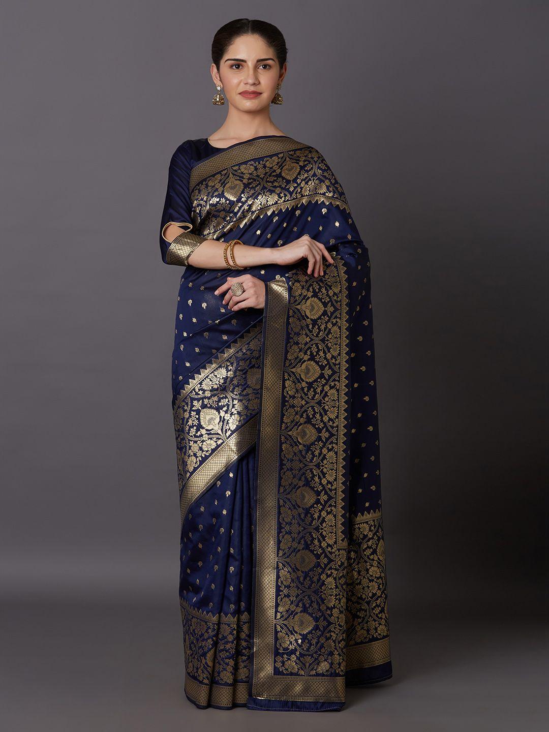 mitera navy blue & gold-toned woven design kanjeevaram saree