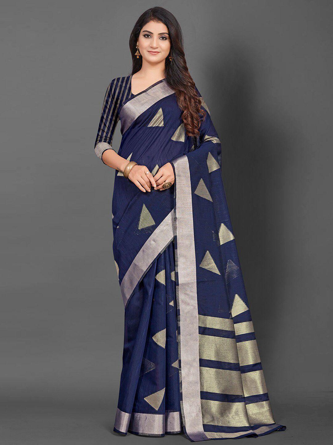 mitera navy blue & gold-toned woven design linen blend banarasi saree