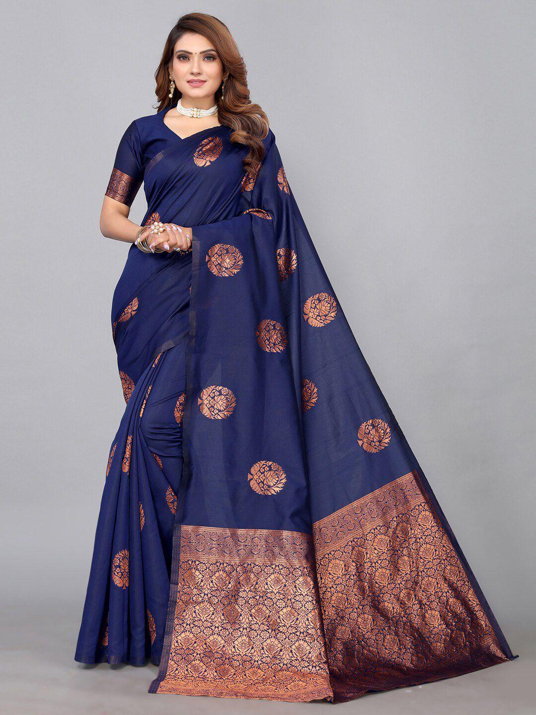 mitera navy blue & gold-toned woven design zari banarasi saree