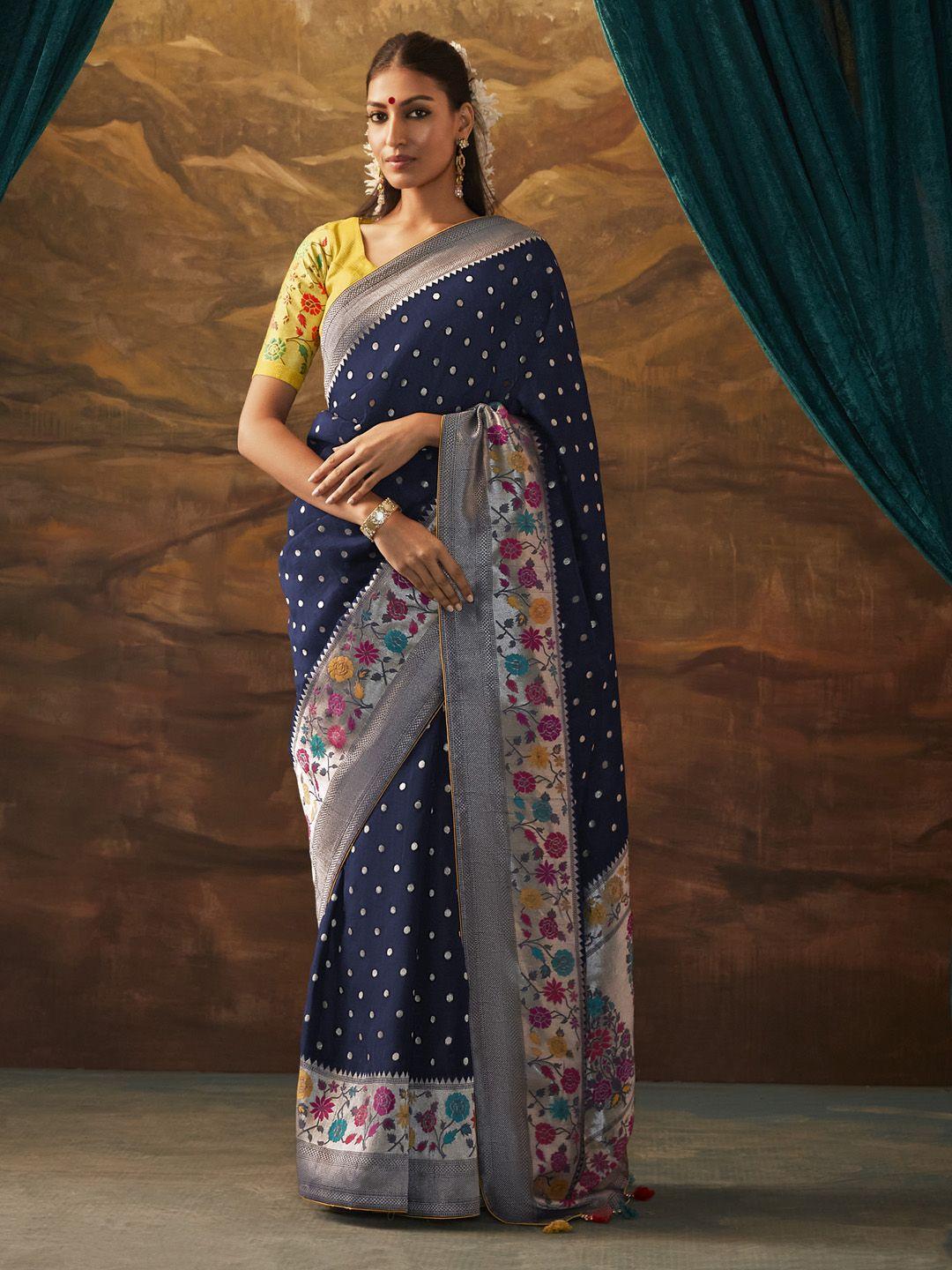 mitera navy blue & gold toned woven design zari silk banarasi saree