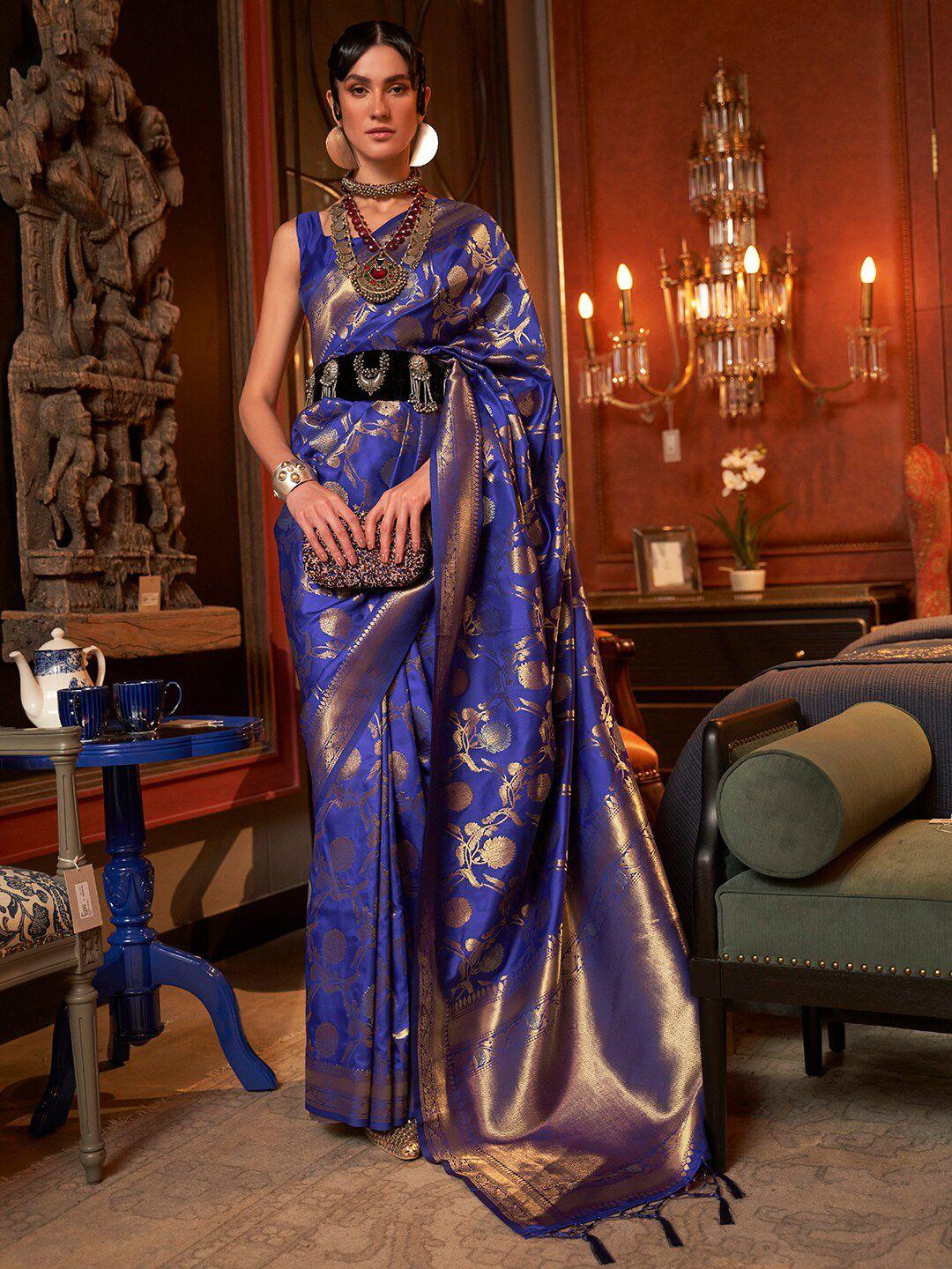 mitera navy blue & gold-toned woven design zari silk blend banarasi saree