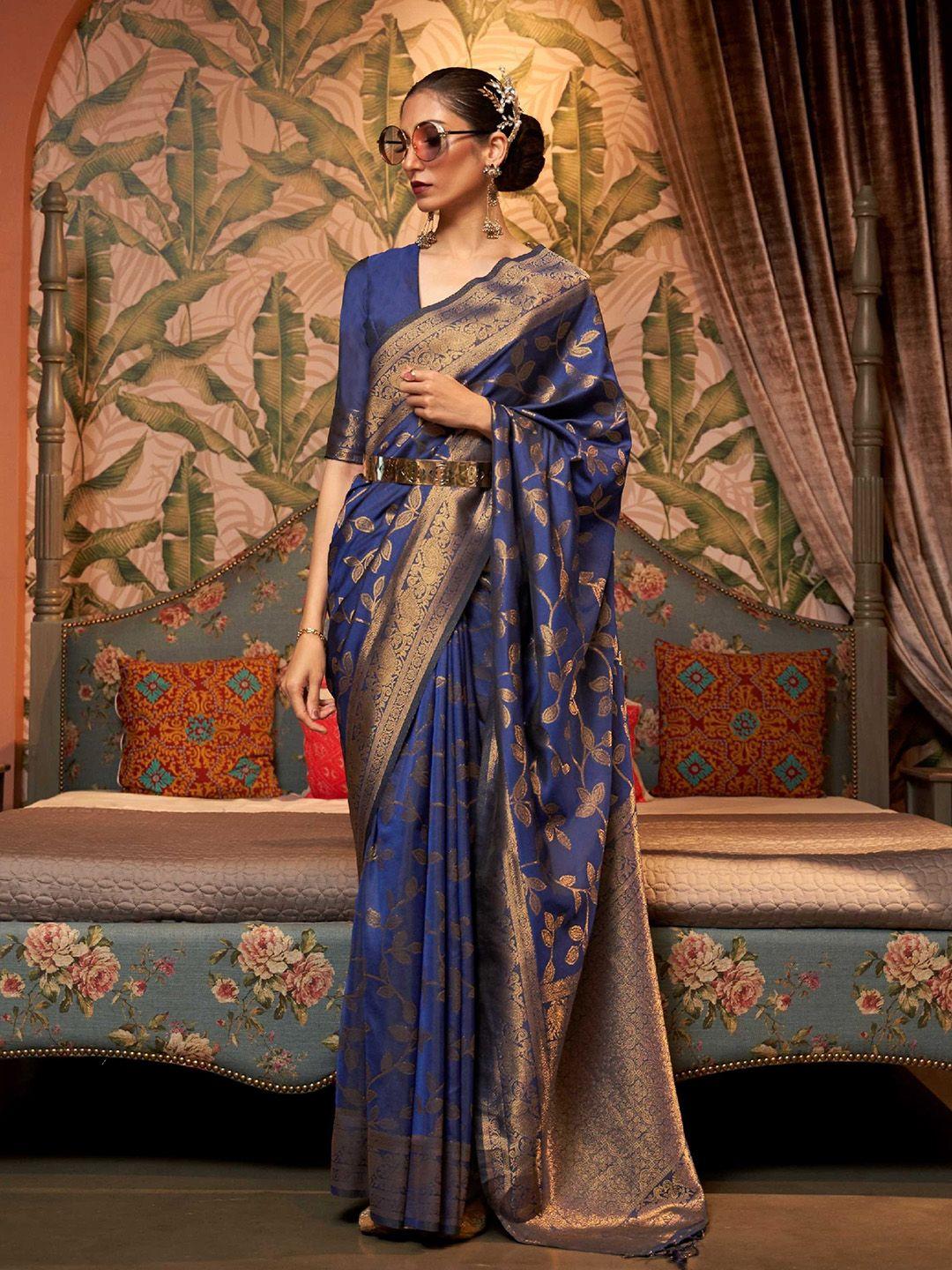 mitera navy blue & gold-toned woven design zari silk blend kanjeevaram saree