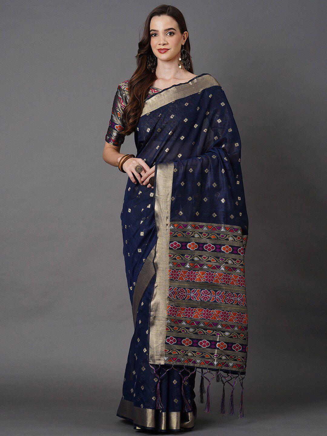 mitera navy blue & gold-toned zari silk cotton banarasi saree