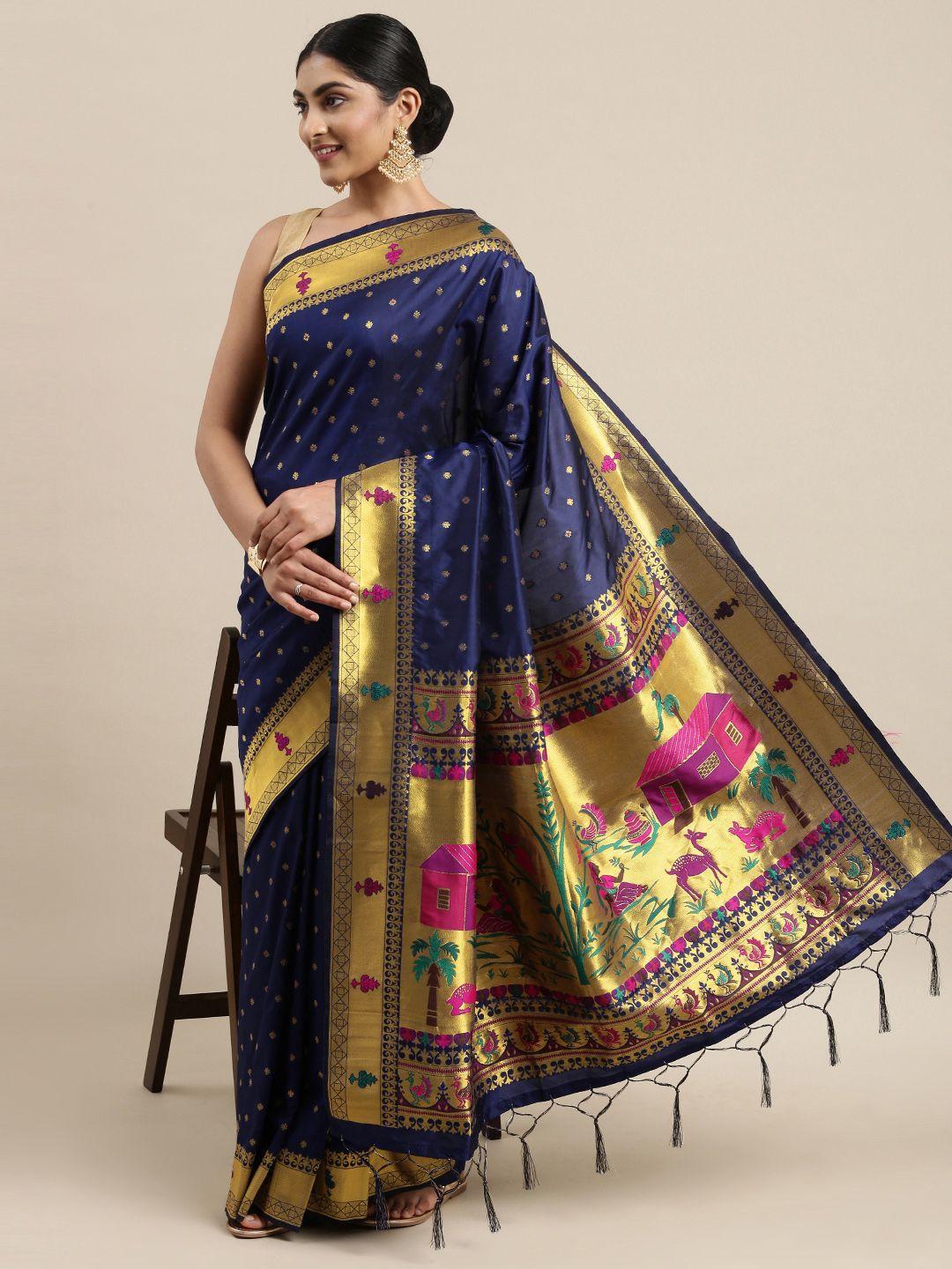 mitera navy blue & golden ethnic woven design zari paithani silk saree