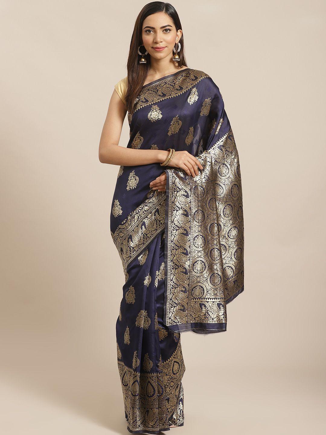 mitera navy blue & golden woven design banarasi saree