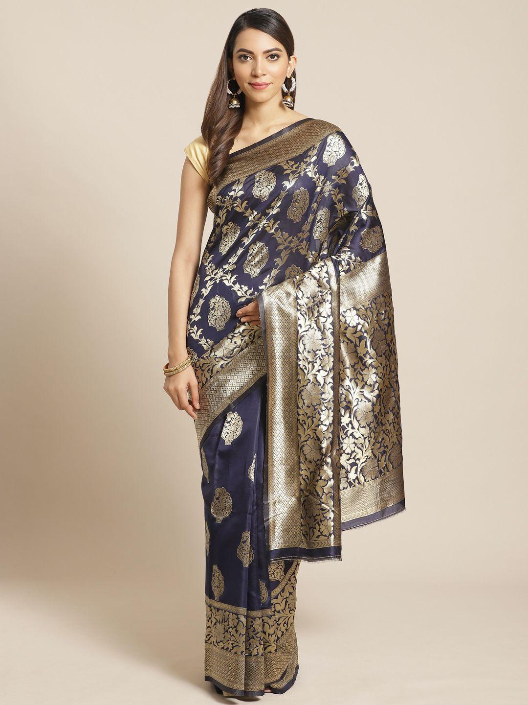 mitera navy blue & golden woven design banarasi saree