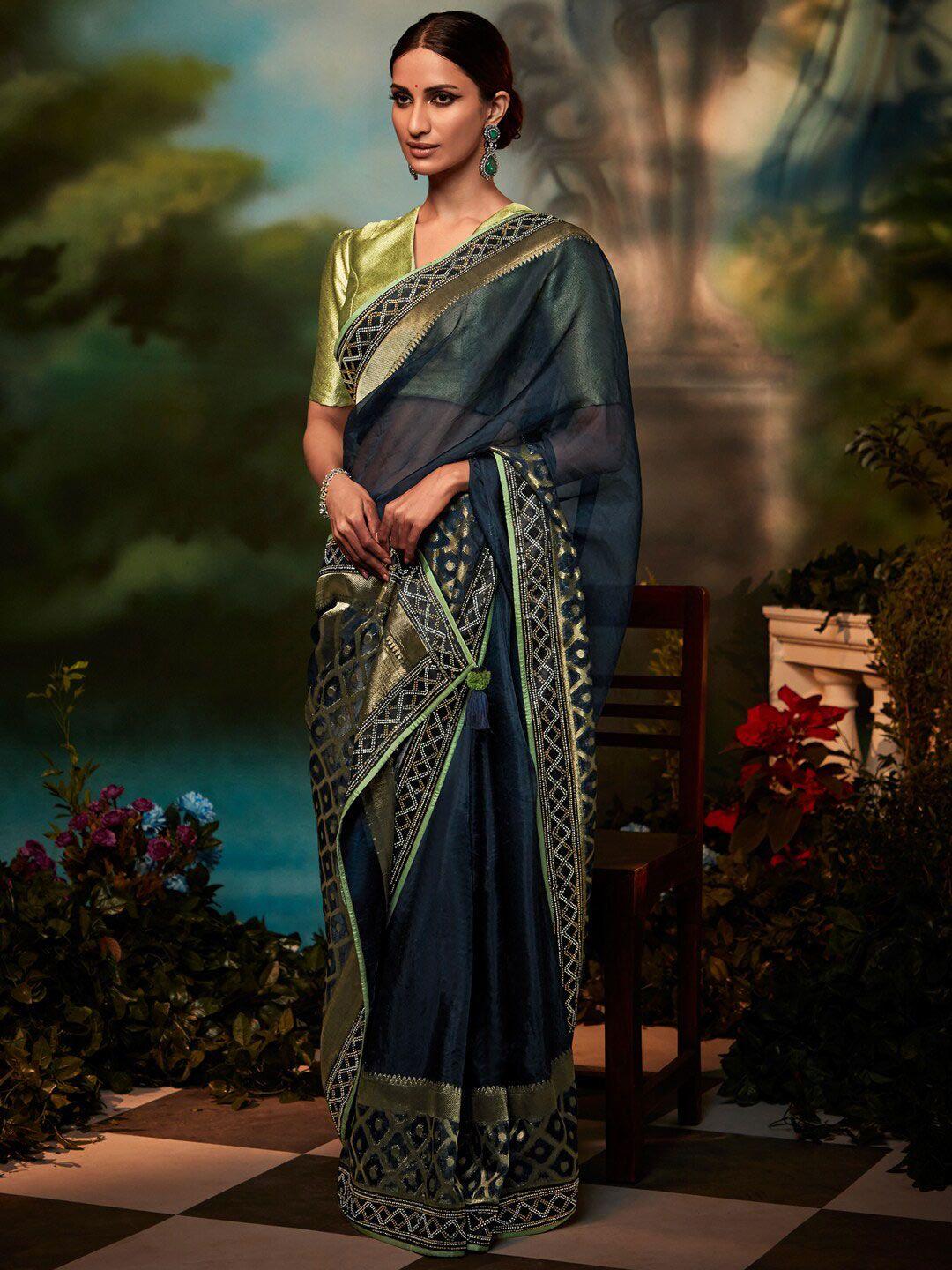 mitera navy blue & green beads and stones organza saree