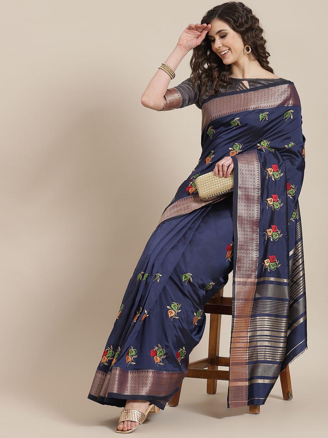 mitera navy blue & green floral embroidered chanderi saree