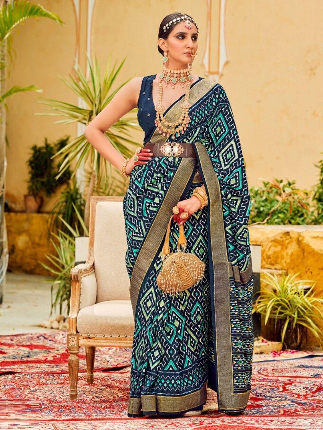 mitera navy blue & green geometric printed zari silk cotton bagh saree
