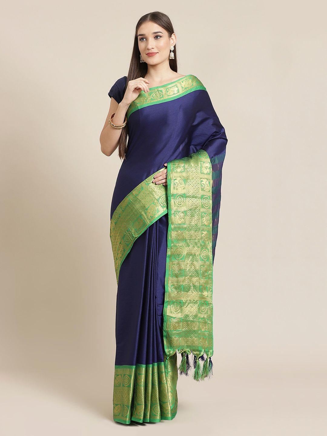 mitera navy blue & green pure silk solid kanjeevaram saree