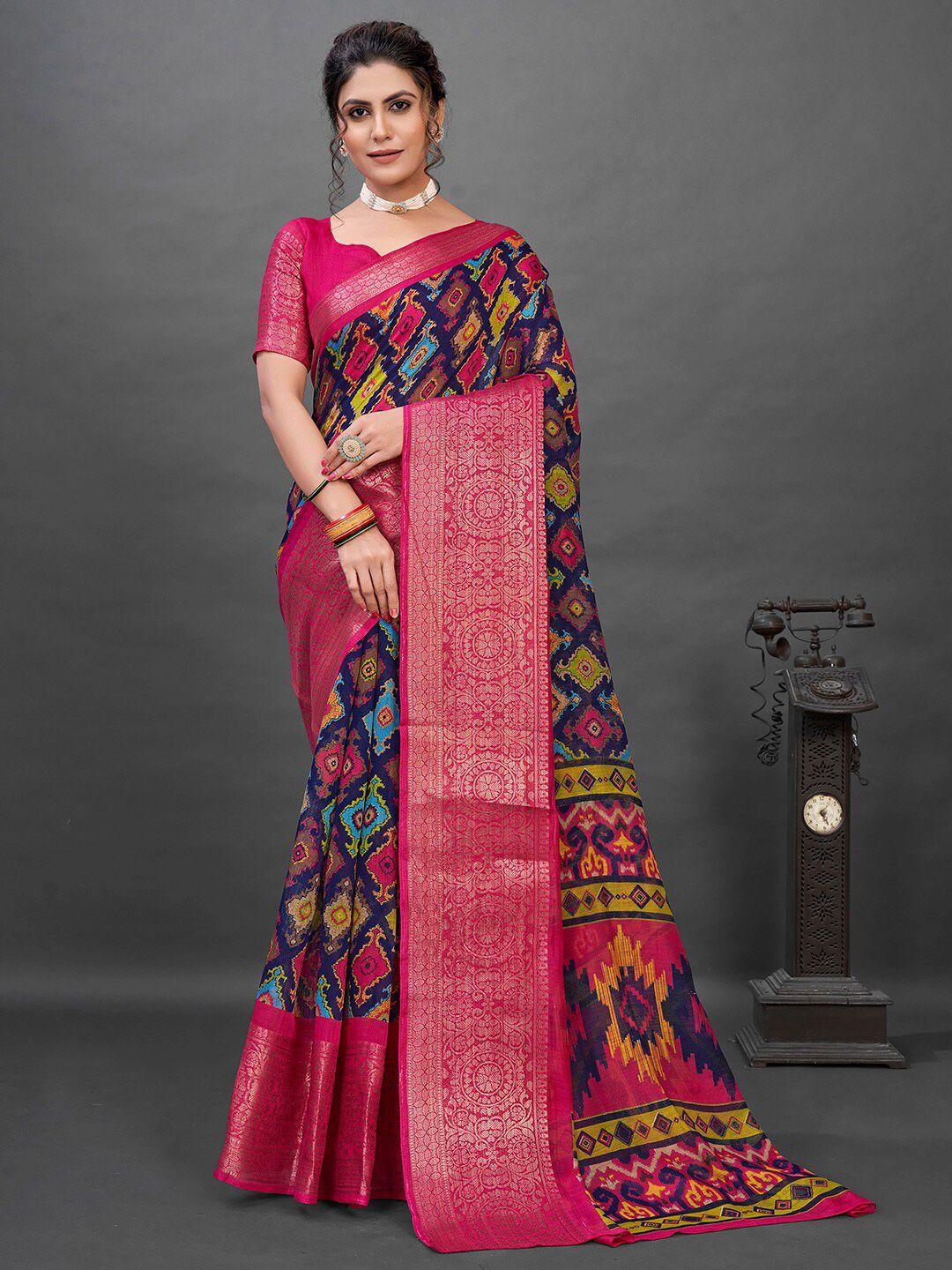 mitera navy blue & pink ethnic motifs printed sungudi saree