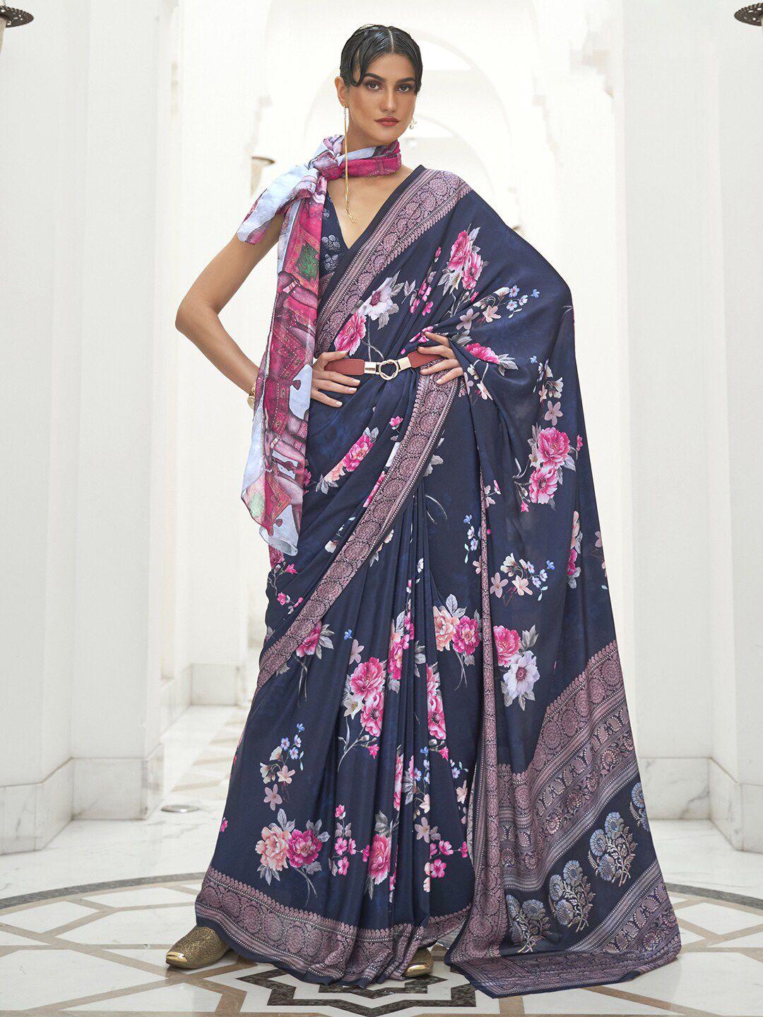 mitera navy blue & pink floral banarasi saree