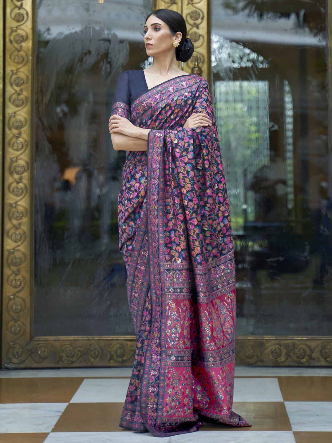 mitera navy blue & pink floral zari silk blend banarasi saree