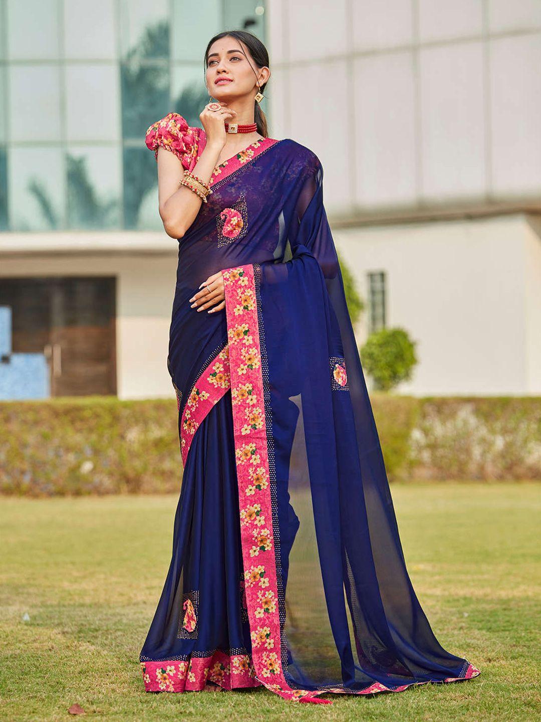 mitera navy blue & pink paisley silk blend saree