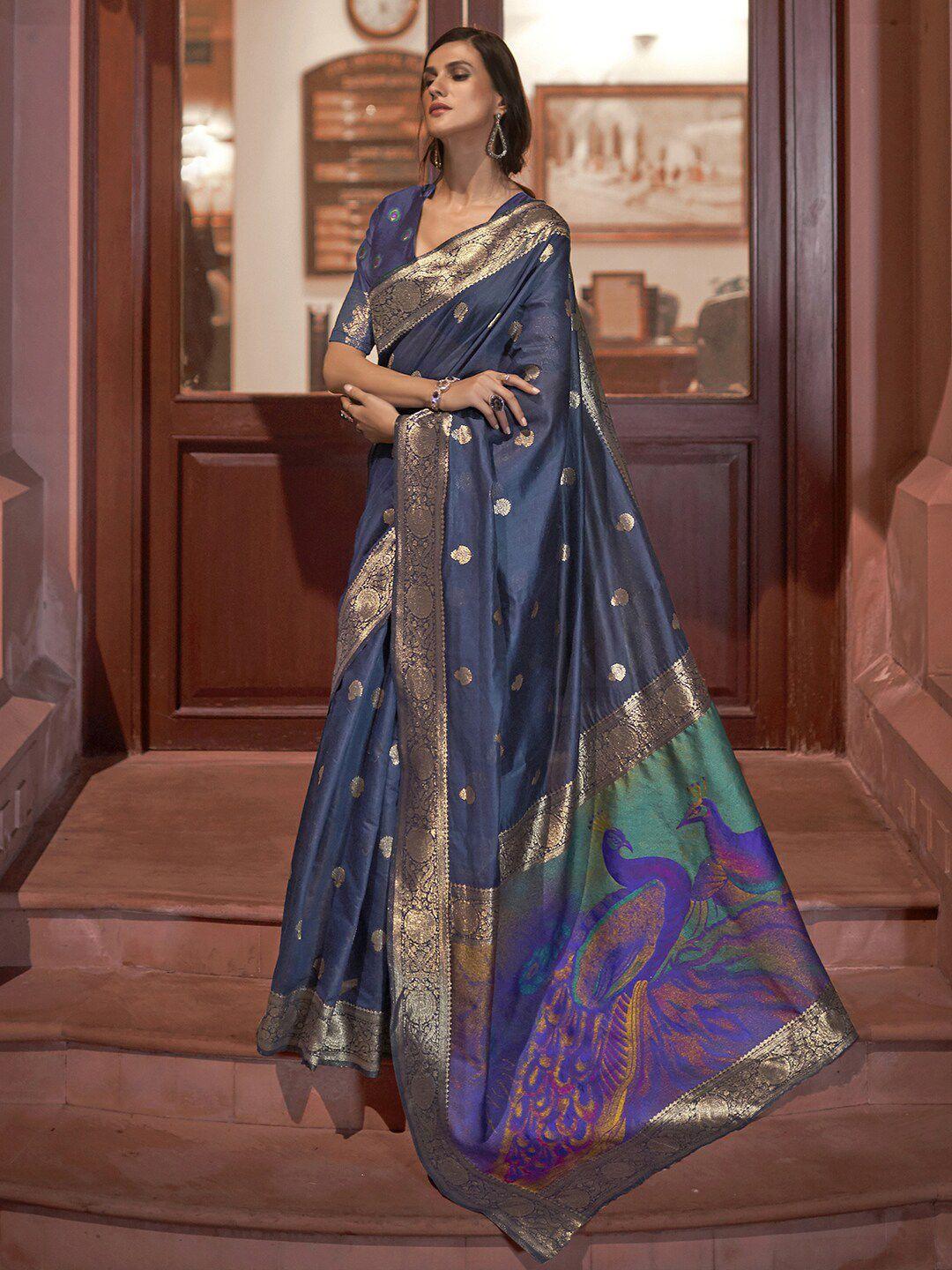 mitera navy blue & purple ethnic motifs zari silk blend banarasi saree