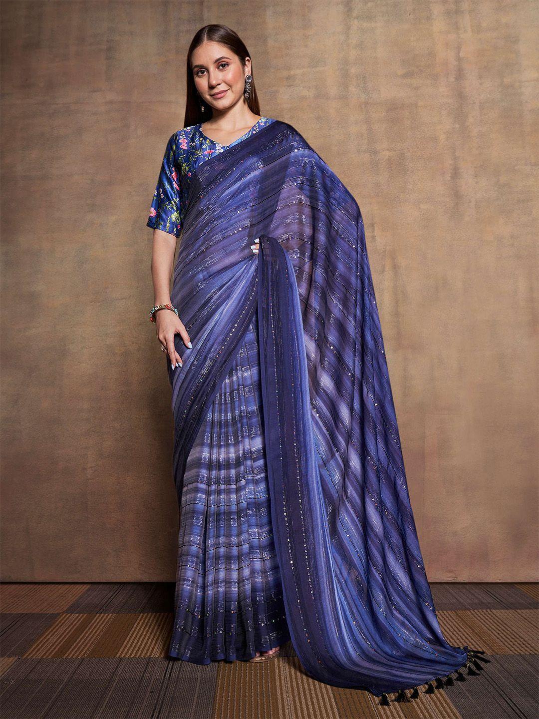 mitera navy blue & red embellished sequinned pure chiffon saree