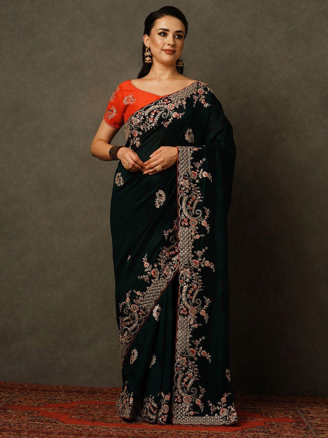 mitera navy blue & red ethnic motifs embroidered sequinned saree