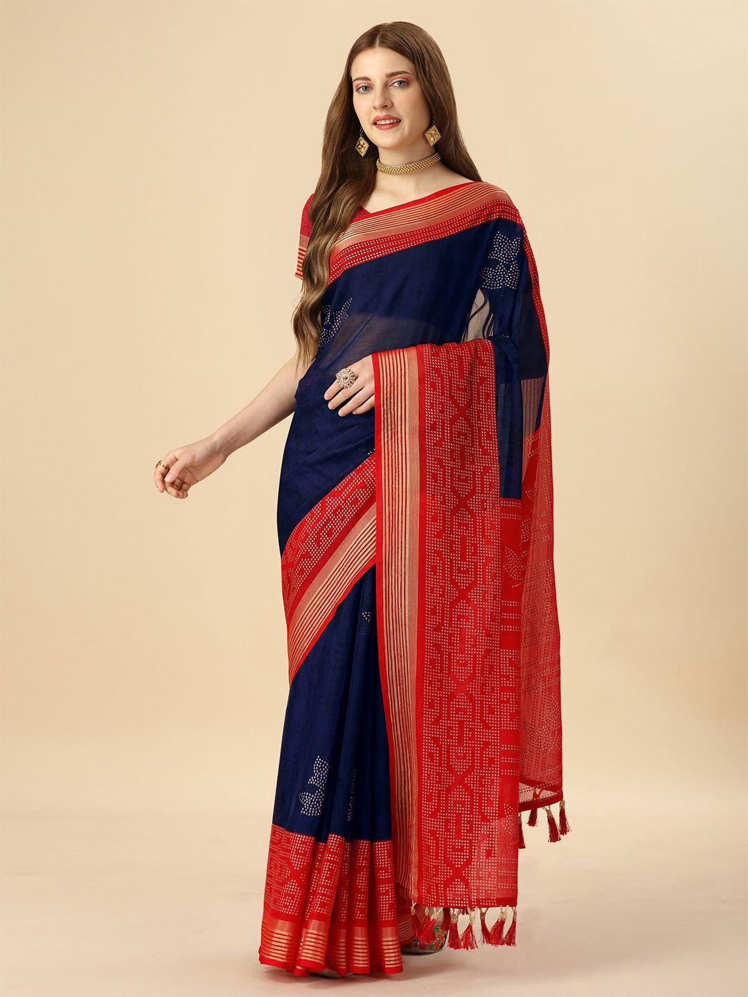 mitera navy blue & red floral printed zari pure chiffon saree