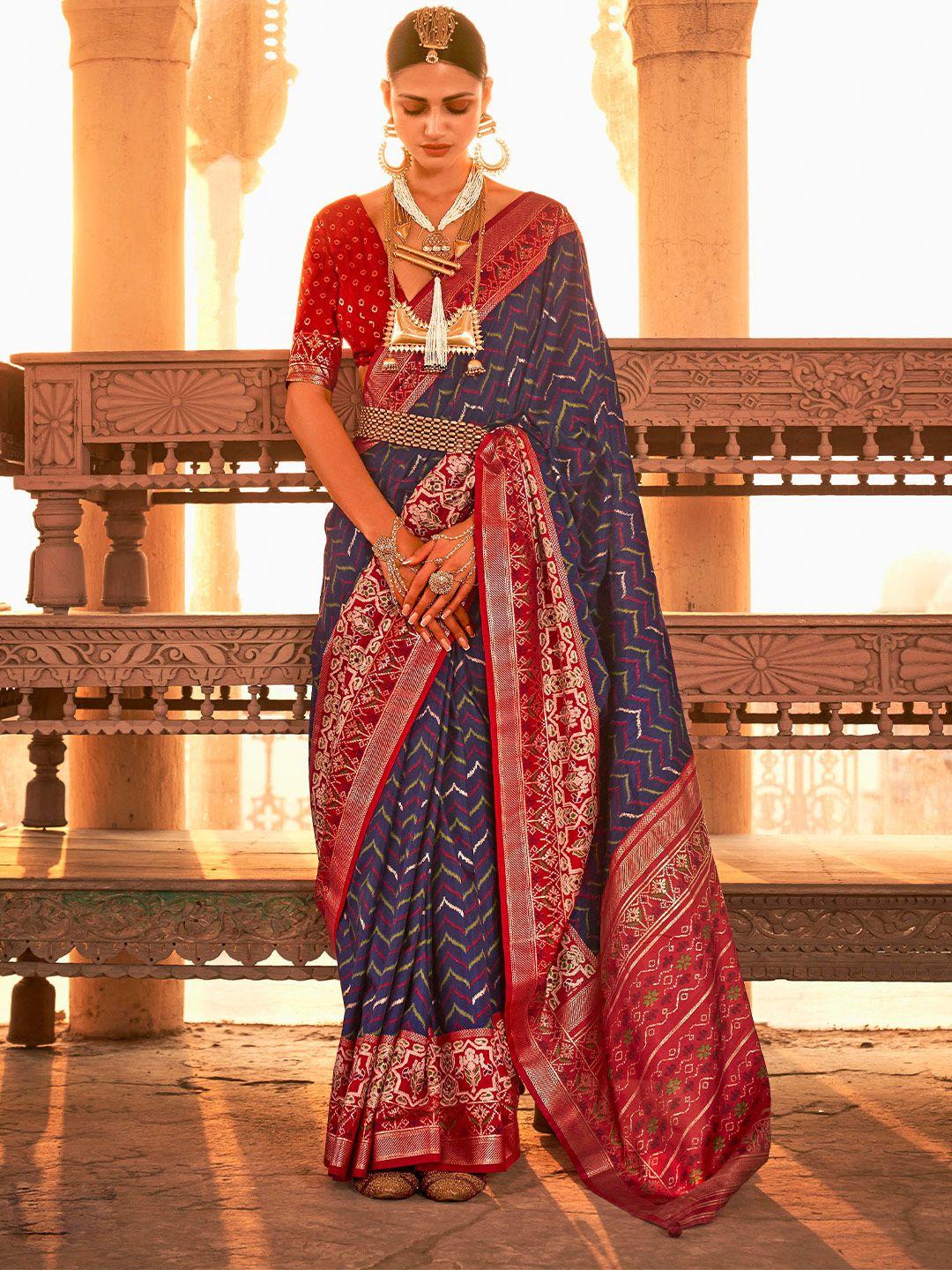 mitera navy blue & red geometric printed zari saree