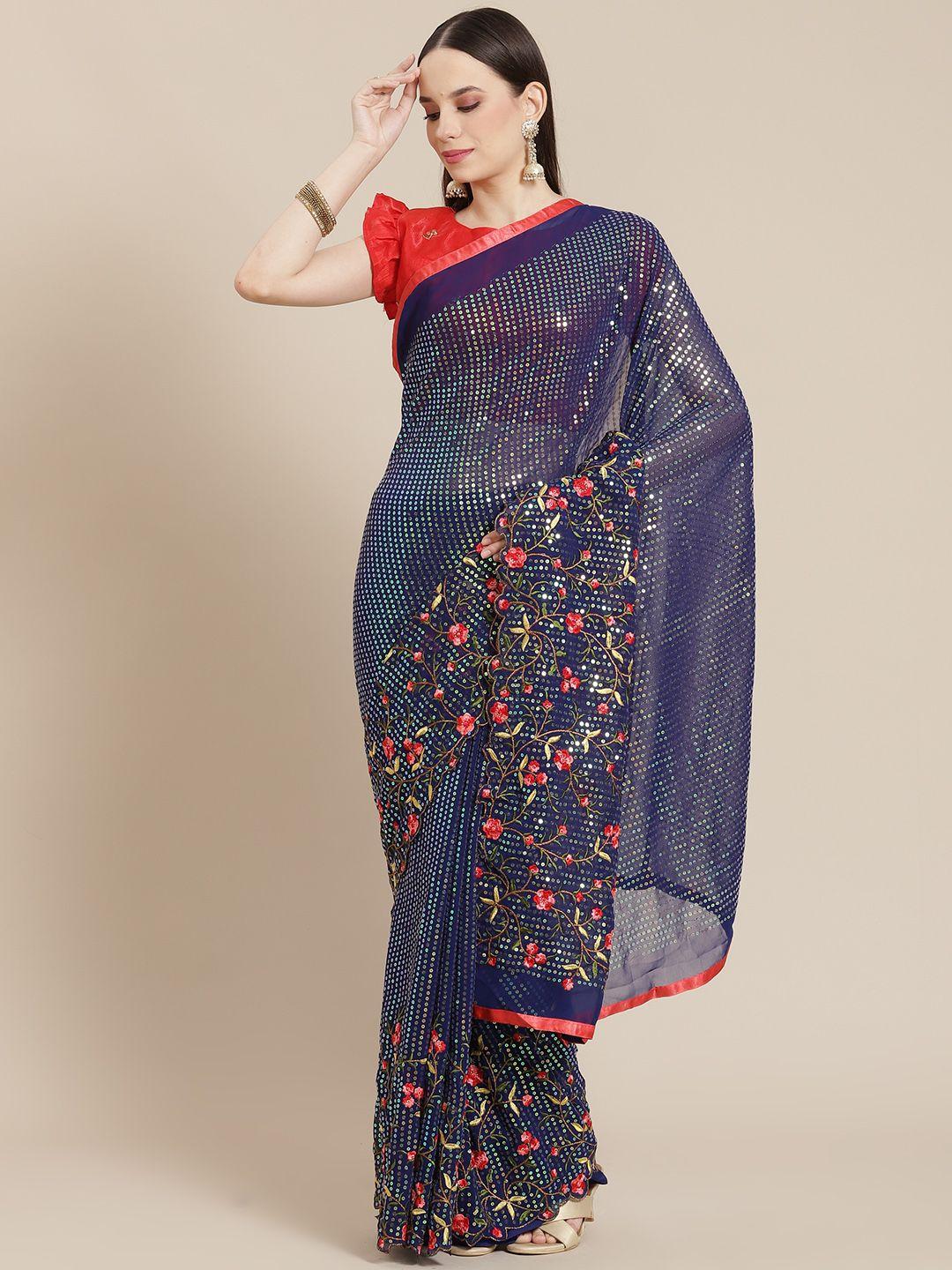 mitera navy blue & red sequinned saree with floral embroidery