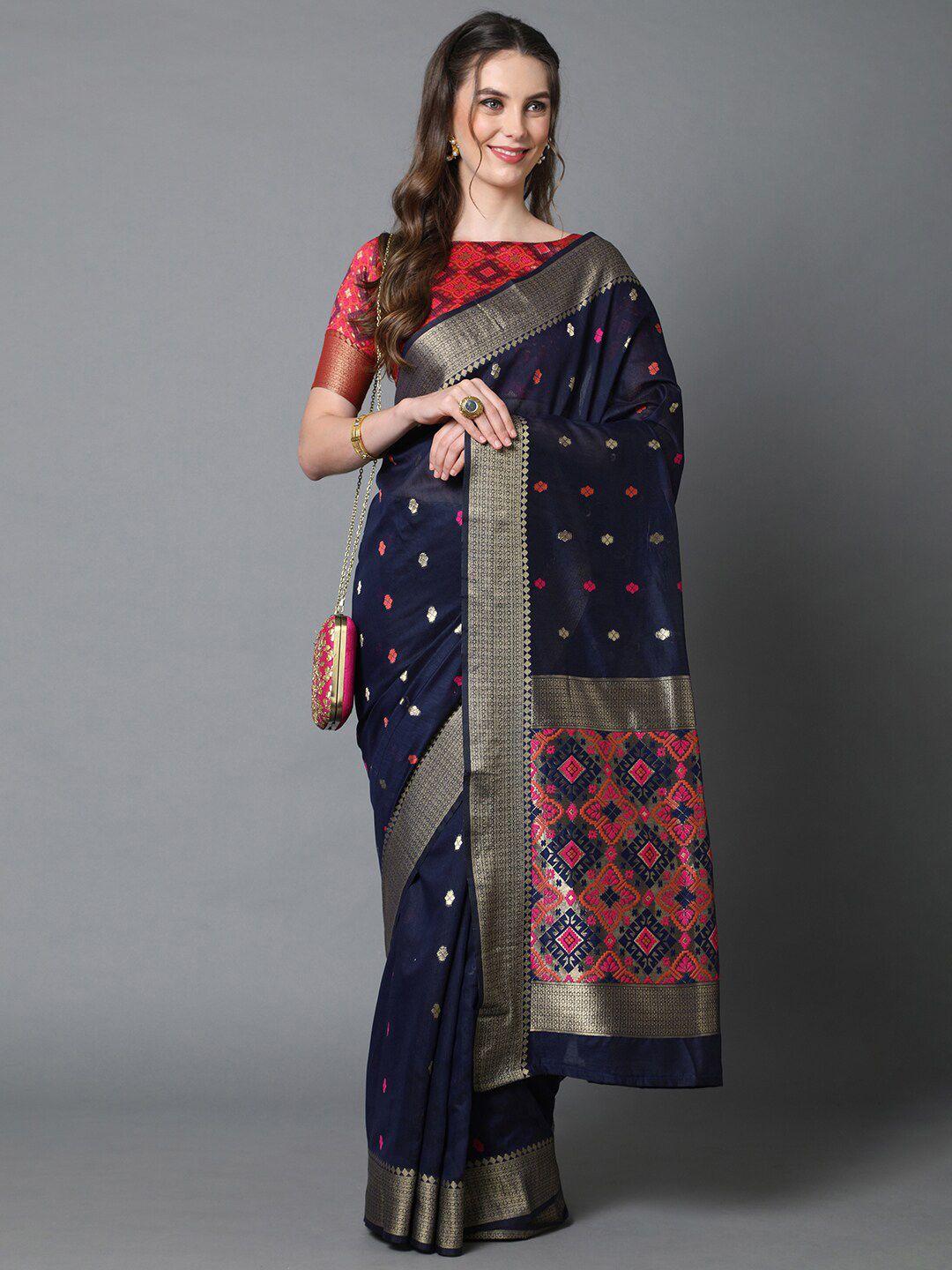 mitera navy blue & red silk blend ethnic woven designed festive saree