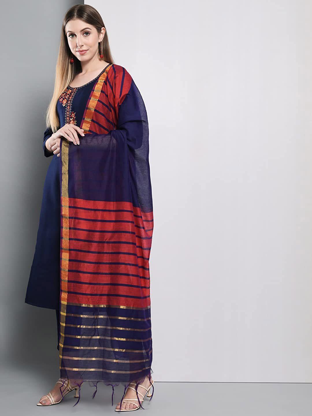 mitera navy blue & red striped cotton silk dupatta