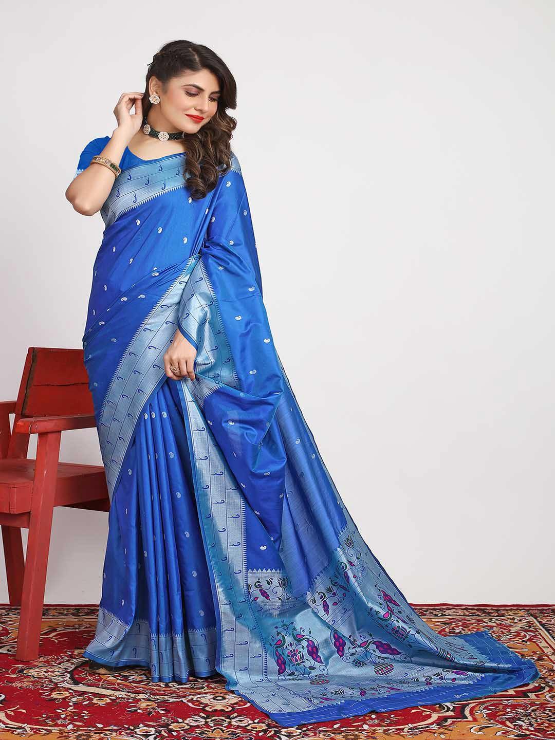 mitera navy blue & silver-toned paisley woven design zari saree